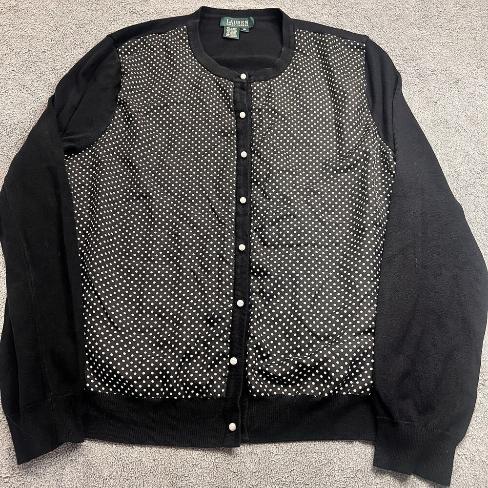 Lauren Ralph Lauren Polka Dot Silk Front Cardigan Sweater Black White XL B367